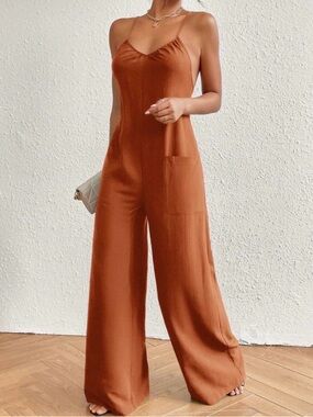 Rust Wide-Leg Spaghetti Strap Jumpsuit